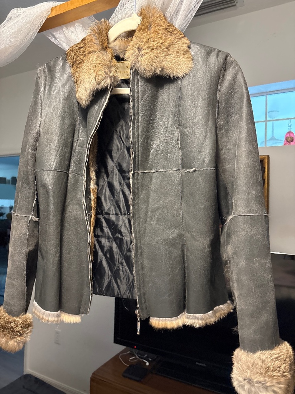Genuine Leather, Rabbit Fur & Jean Material Jacket